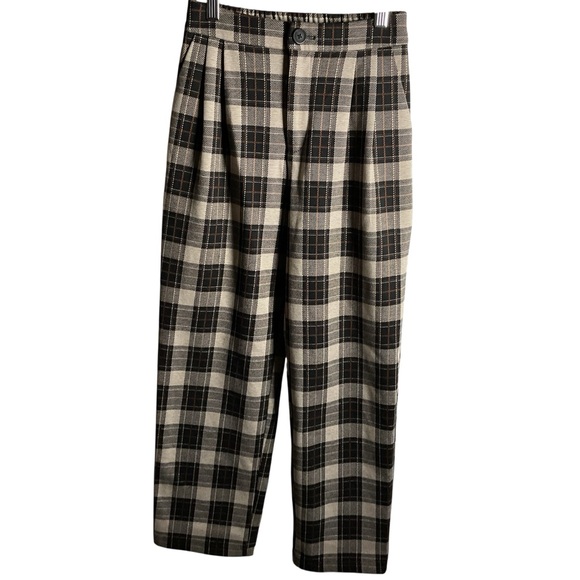 Womens Plaid Pants Trousers Black Cream Pockets Comfy Elastic High Waist - Picture 2 of 4